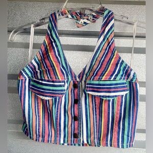 Vintage Paris Blues Multicolor Denim Striped Crop Top Halter